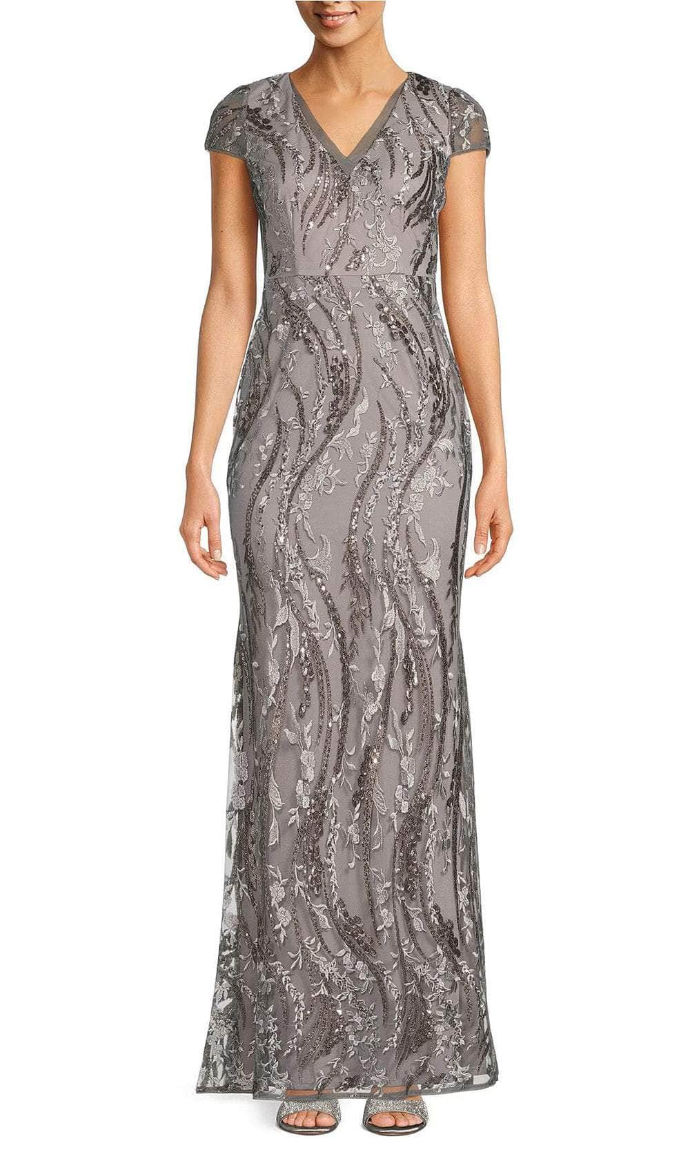 Adrianna Papell AP1E210106 - V Neck Sequin Embroidery Gown Adrianna Papell AP1E210106 - V Neck Sequin Embroidery Gown