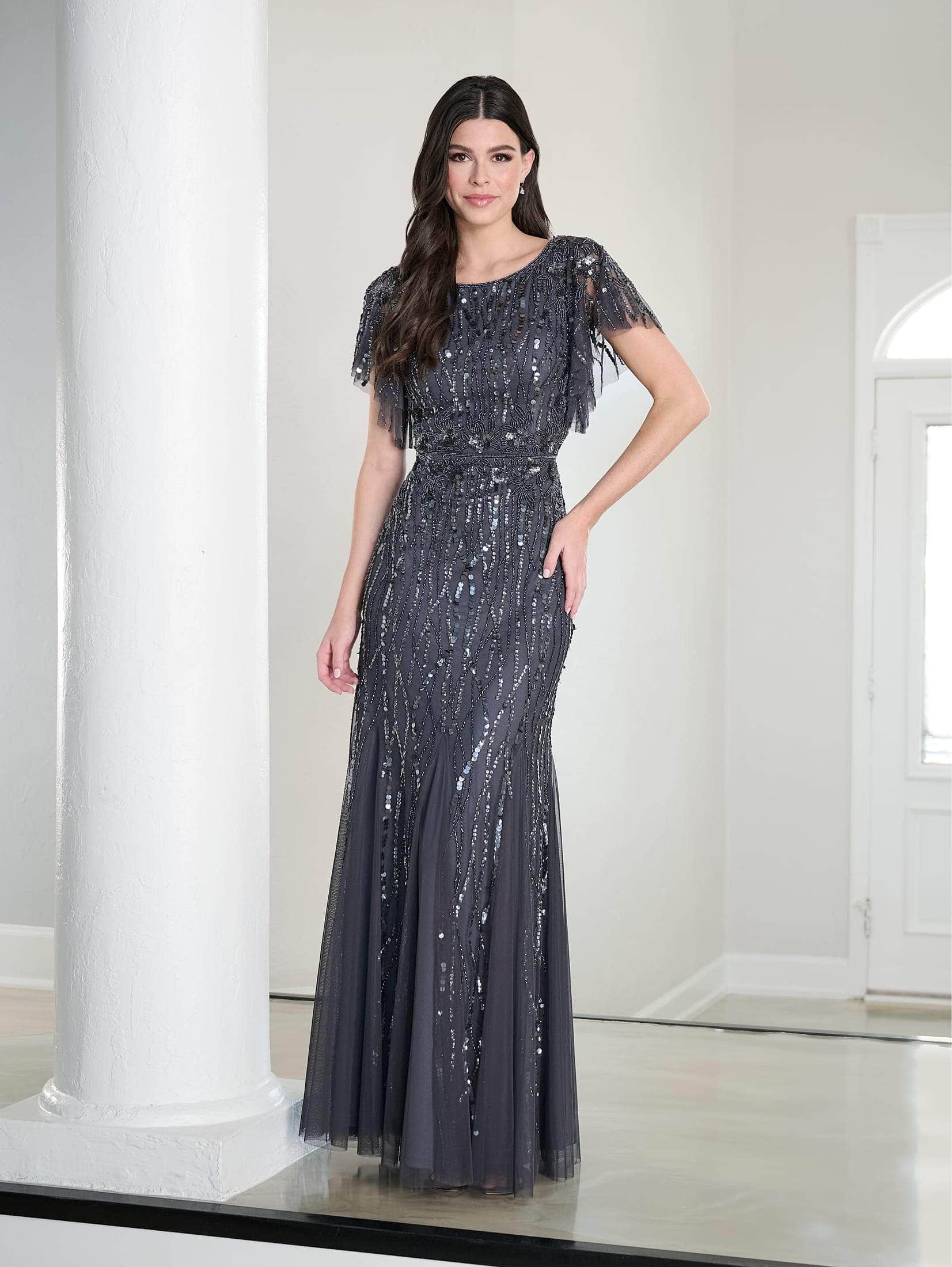 Adrianna Papell Platinum 40452 - Sequin Flutter Sleeve Long Dress Adrianna Papell Platinum 40452 - Sequin Flutter Sleeve Long Dress