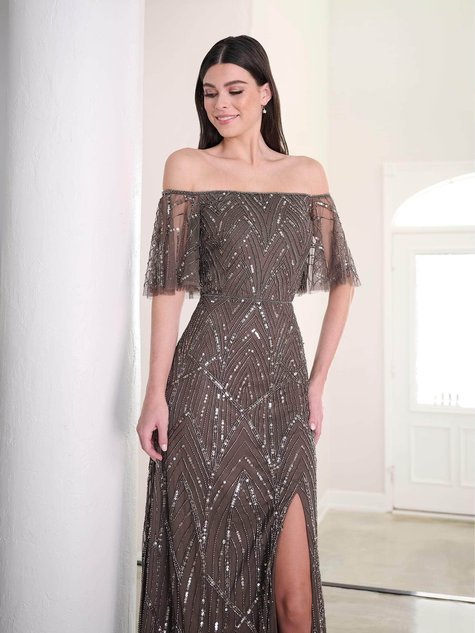 adrianna papell sequin short dress Adrianna Papell Short Sequin Shift Dress with Split Sleeves