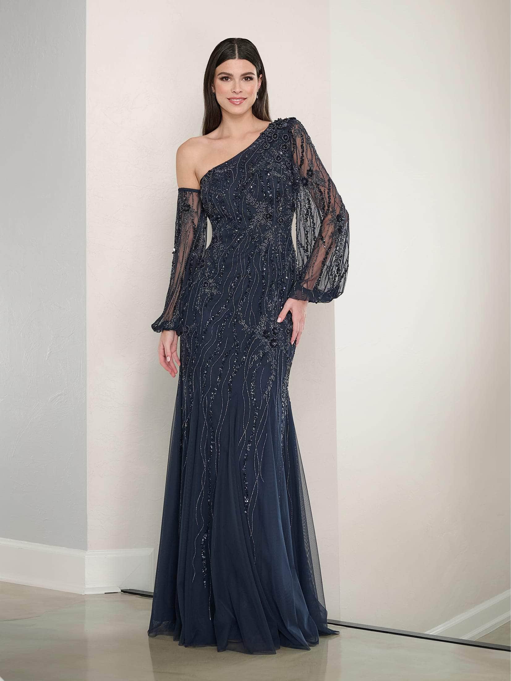 Adrianna Papell Platinum 40464 - Beaded Asymmetrical Neck Long Dress Adrianna Papell Platinum 40464 - Beaded Asymmetrical Neck Long Dress