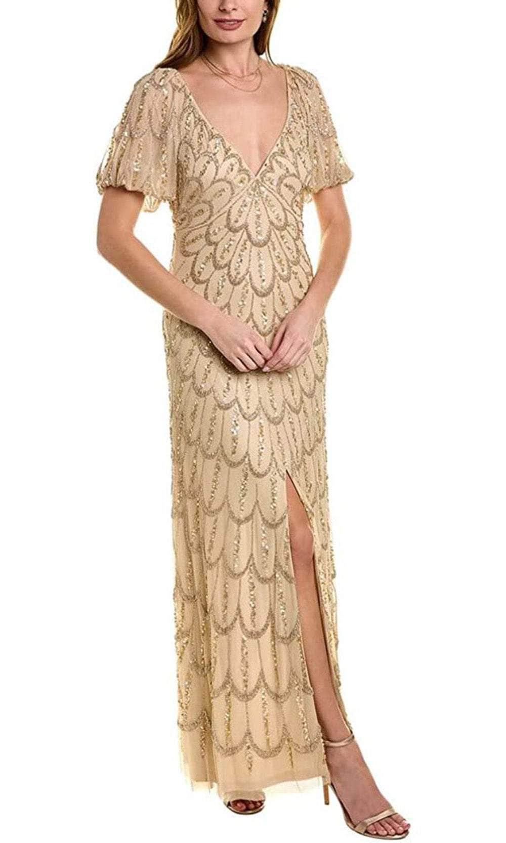 Aidan Mattox MD1E207203 - V Neck Gold Feather Print Dress Couture Candy Aidan Mattox MD1E207203 - V Neck Gold Feather Print Dress Couture Candy
