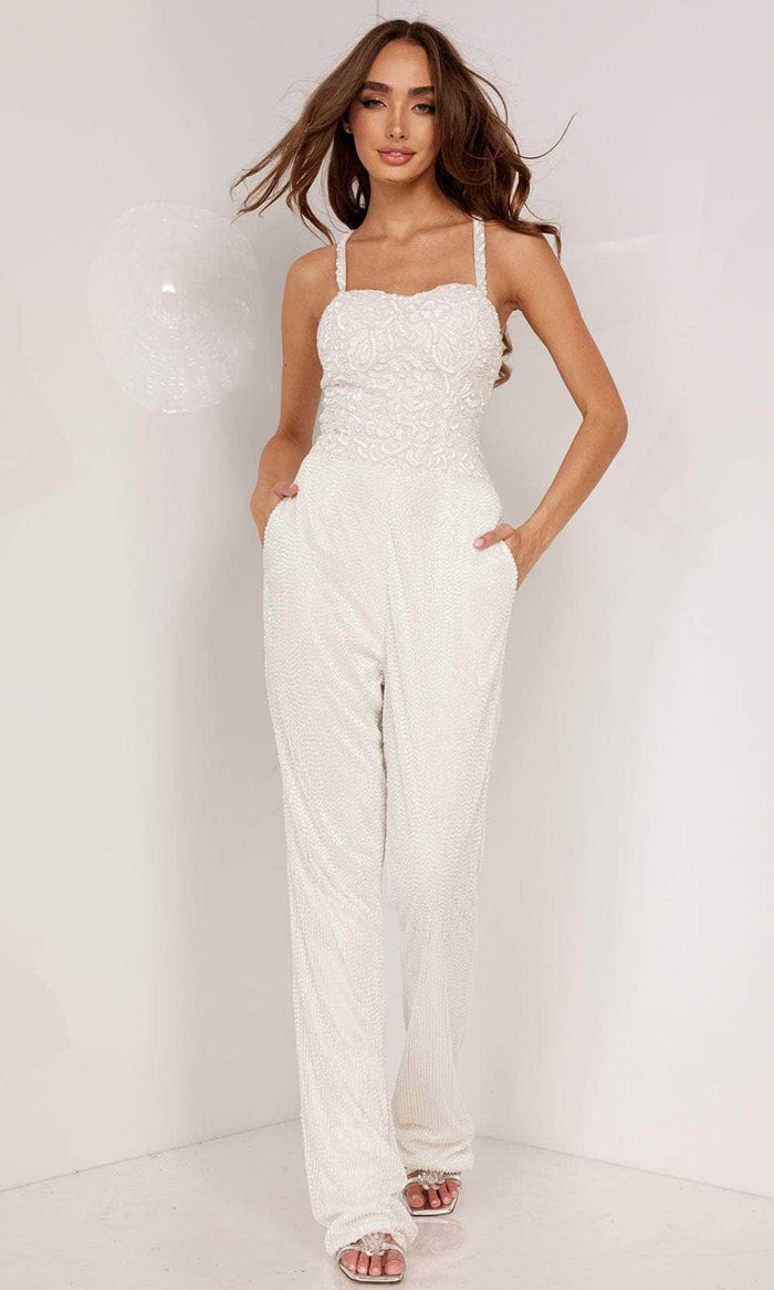 Aleta Couture 1098 - Sleeveless Beaded Prom Jumpsuit Special Occasion Dress 000 / Ivory