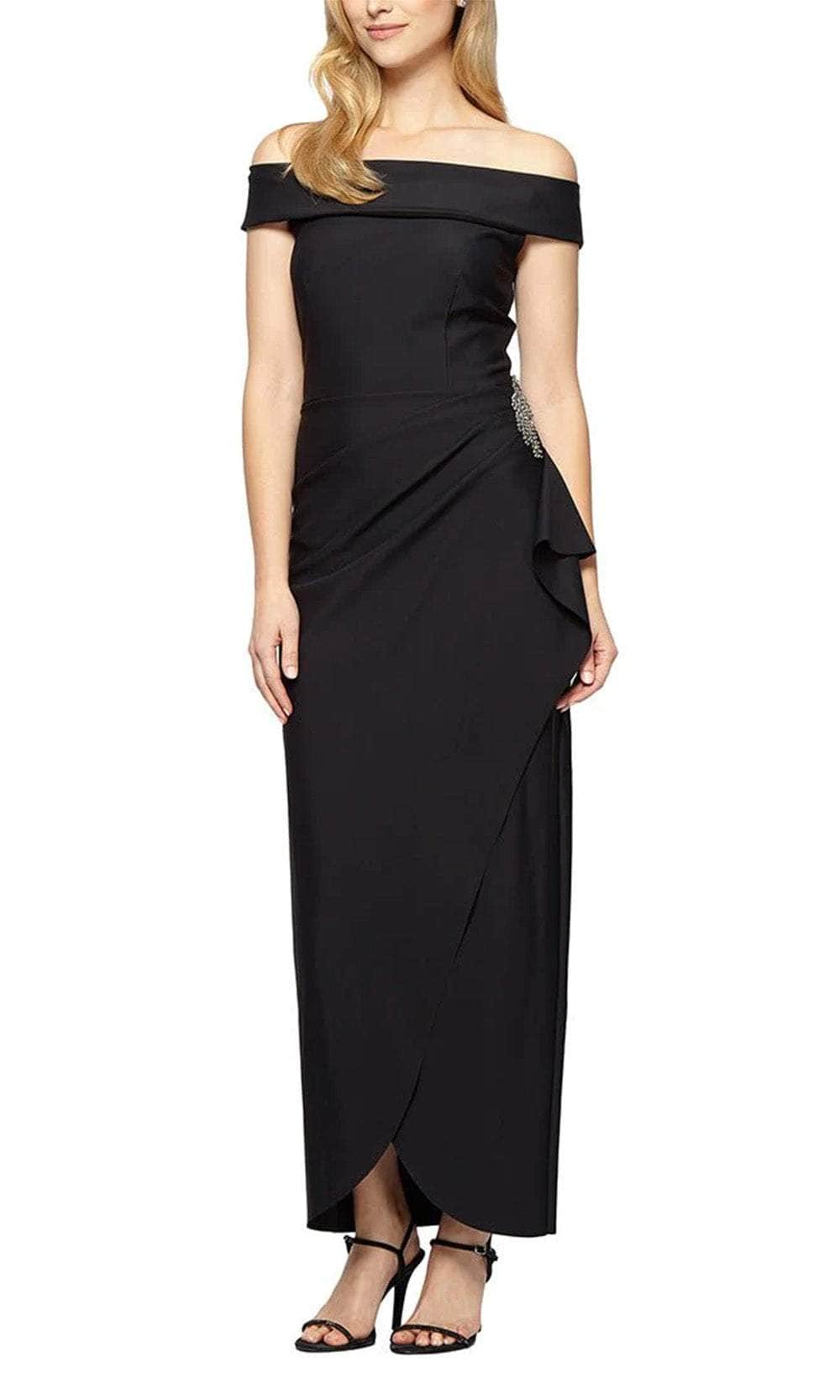 Alex Evenings Long Stretch Scuba Off The Shoulder Dress with Cascade Ruffle Women's Dress Black : 16 Alex Evenings Long Stretch Scuba Off The Shoulder Dress with Cascade Ruffle Women's Dress Black : 16