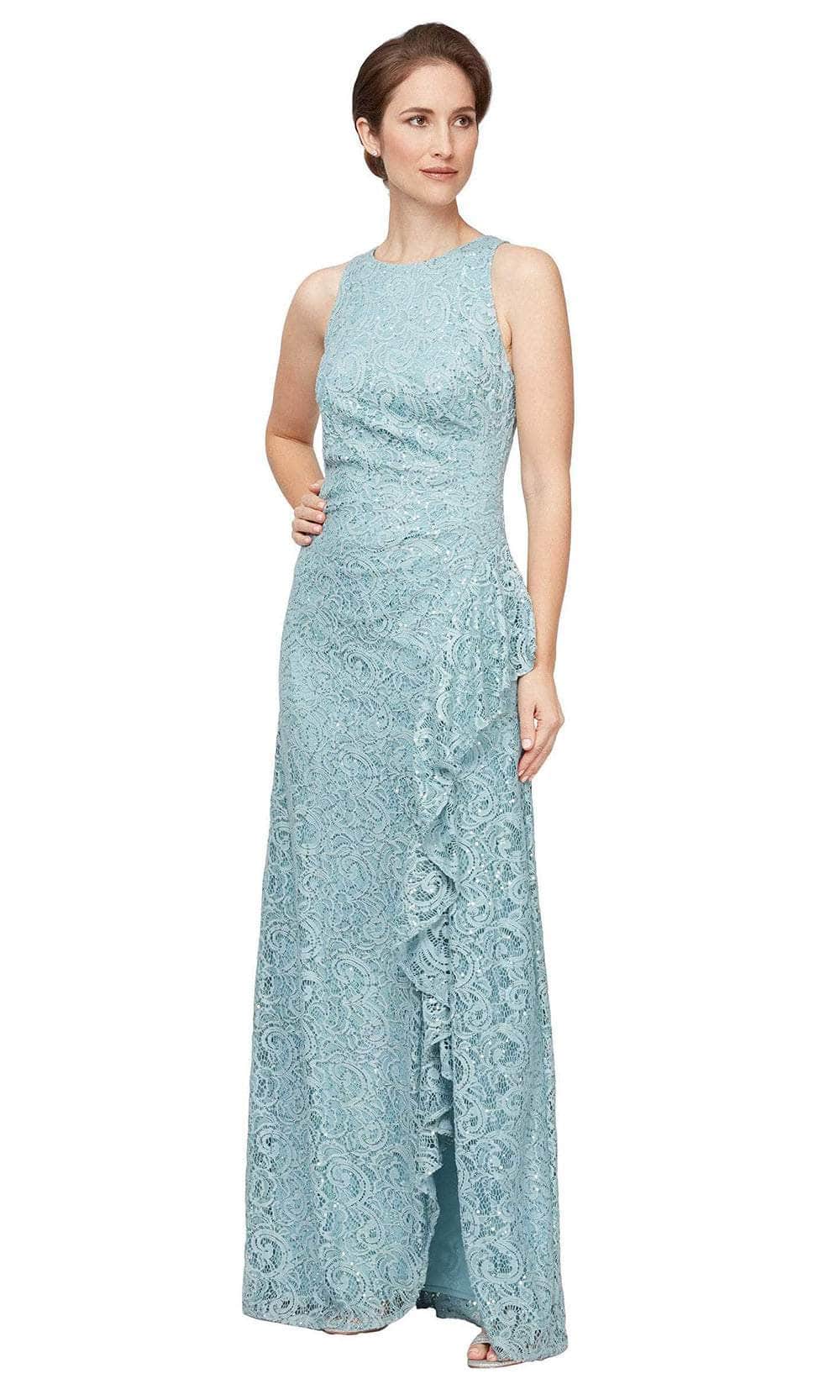 maxi alex evenings dresses Alex Evenings Long Embroidered Empire Waist Dress with Scallop Detail V-Neckline SEA / 6