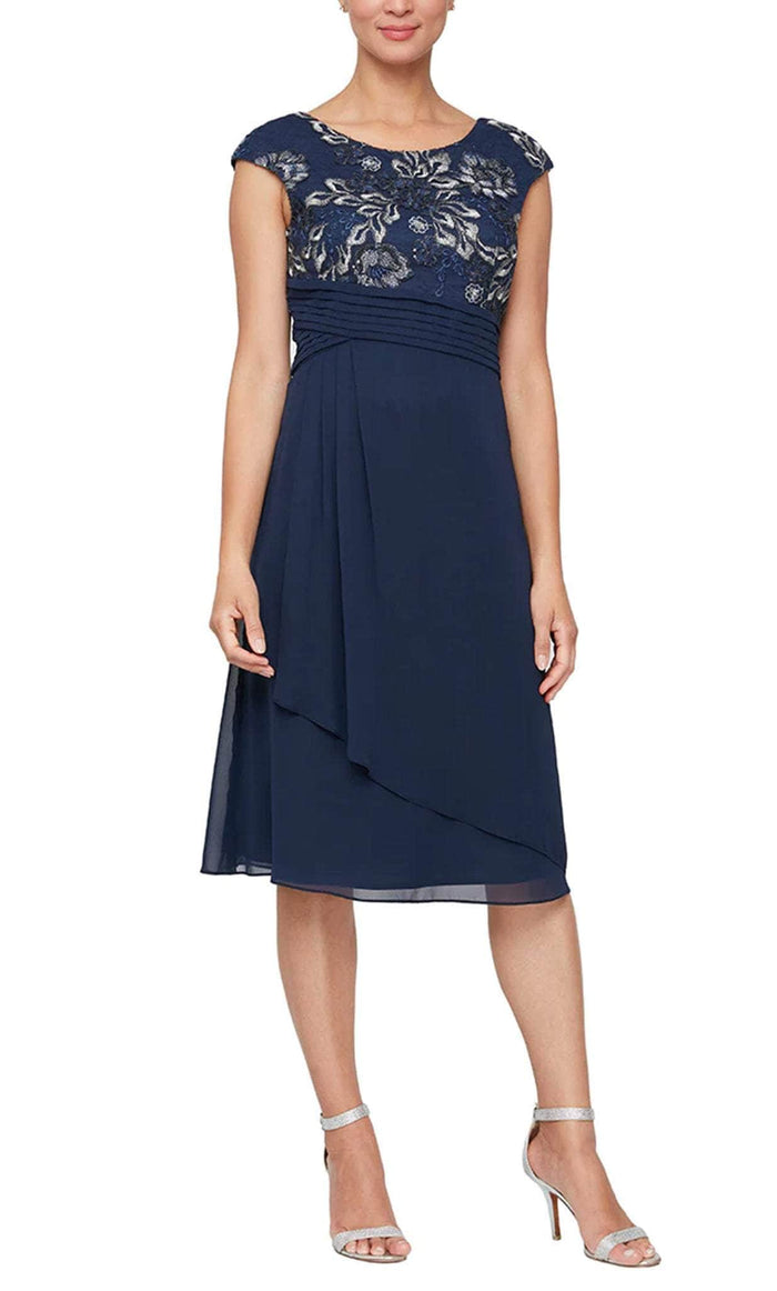 Alex Evenings 81171376 - Pleated Empire Embroidered Midi Dress Cocktail Dresses 2 / Navy/Silver