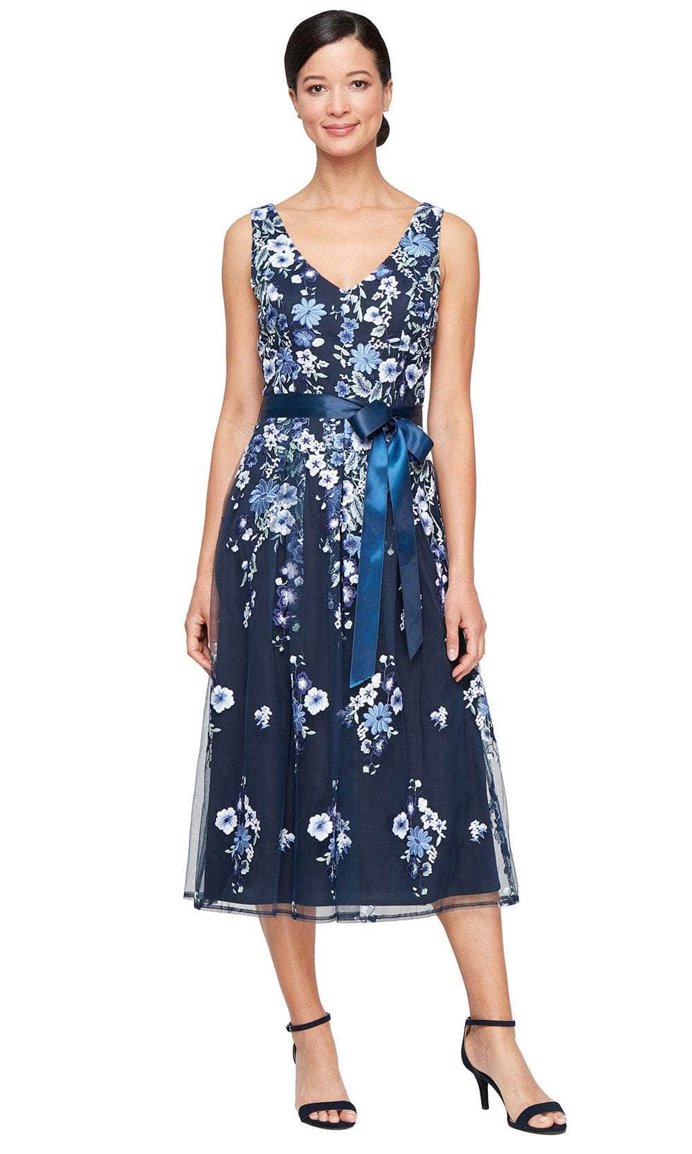Alex Evenings 81171761 - Tea-Length 100% Polyester A-Line Dress - Sleeveless, Wide Straps, Floral Embroidery, Tie Belt, V-Shaped Back Couture Candy Alex Evenings 81171761 - Tea-Length 100% Polyester A-Line Dress - Sleeveless, Wide Straps, Floral Embroidery, Tie Belt, V-Shaped Back Couture Candy