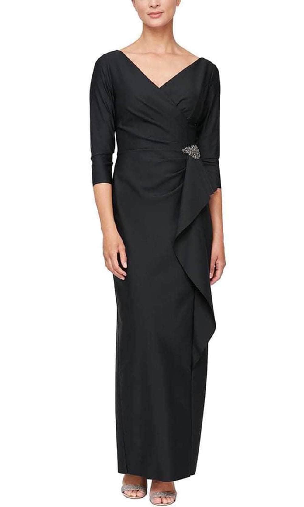 Alex Evenings Regular - Compression Dress with Cascade Ruffle Skirt and Embellishment at Hip CHARCOAL / 12 Alex Evenings Regular - Compression Dress with Cascade Ruffle Skirt and Embellishment at Hip CHARCOAL / 12