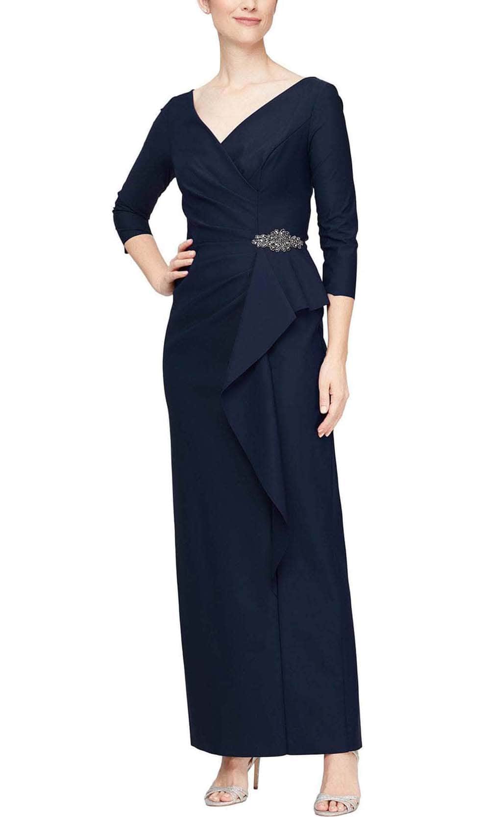 Alex Evenings Compression Dress with Surplice Neckline, Cascade Ruffle Skirt and Embellishment at Hip Charcoal / 10 Alex Evenings Compression Dress with Surplice Neckline, Cascade Ruffle Skirt and Embellishment at Hip Charcoal / 10