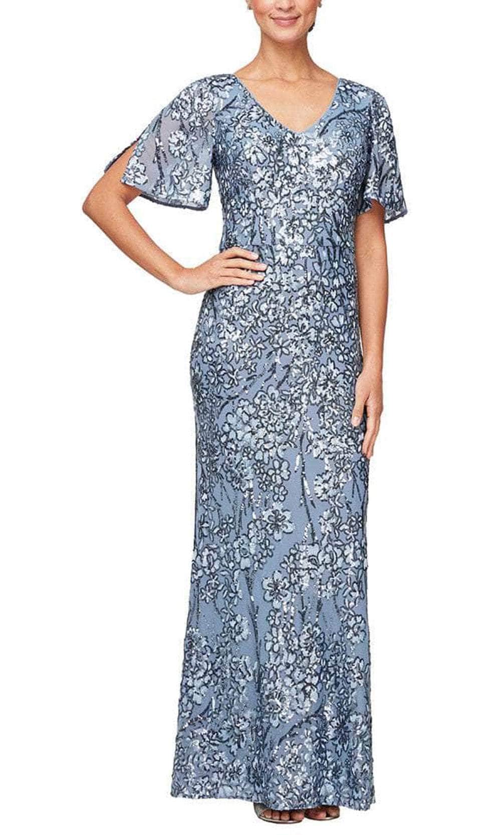 Alex Evenings V-Neck Sequin Dress with Cold Shoulder Flutter Sleeve Mink / 10 Alex Evenings V-Neck Sequin Dress with Cold Shoulder Flutter Sleeve Mink / 10