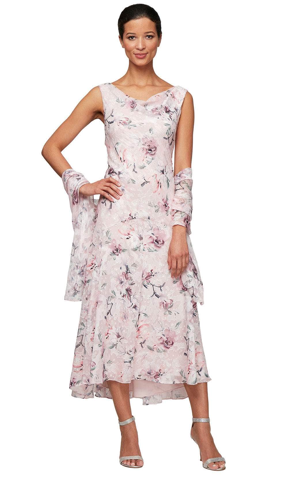 Alex Evenings 8275719 - High Low 2Pc Set: 100% Polyester A-Line Dress - Sleeveless, Matching Shawl, Floral Print, V-Shaped Back Couture Candy Alex Evenings 8275719 - High Low 2Pc Set: 100% Polyester A-Line Dress - Sleeveless, Matching Shawl, Floral Print, V-Shaped Back Couture Candy
