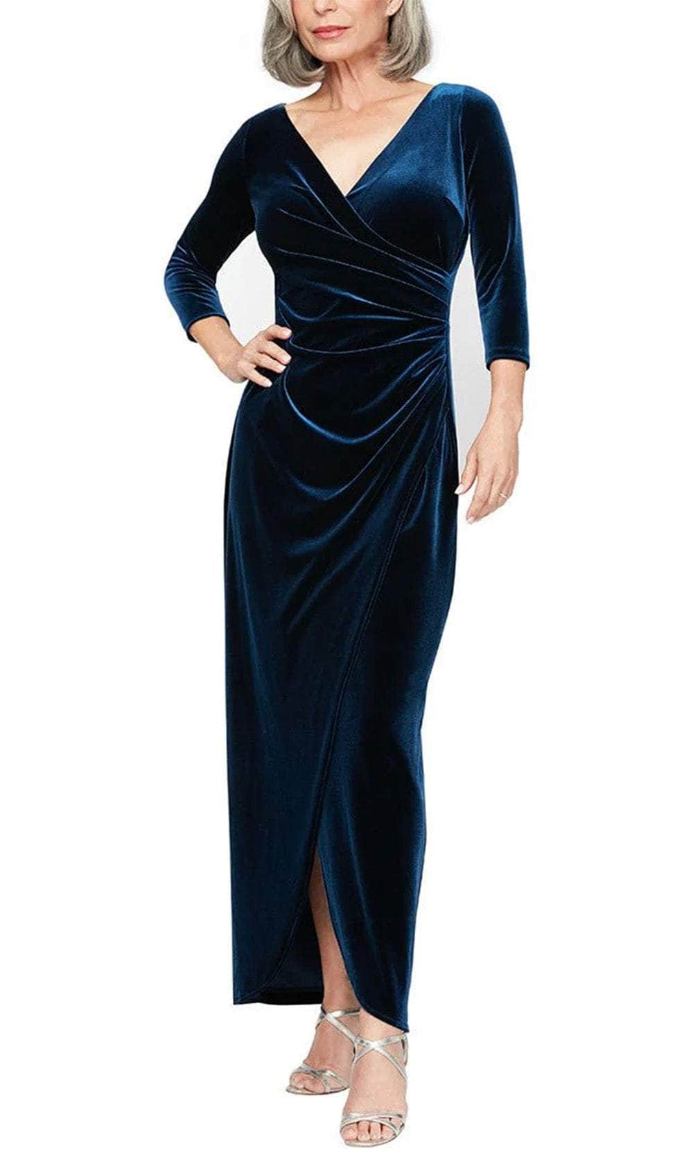 Alex Evenings Petite Size Stretch Velvet Long Sleeve Tulip Skirt Gown, Womens, 12P, Imperial