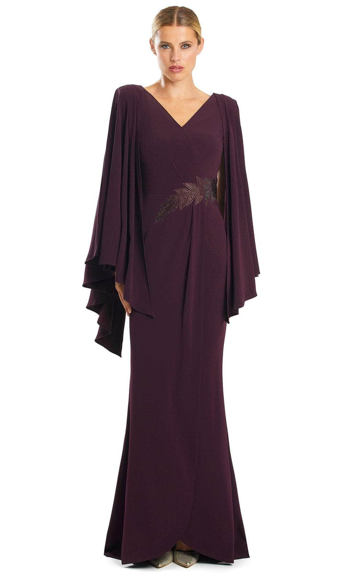 Alexander by Daymor 1854F23 - Pleated Cape Sleeve Column Long Dress Special Occasion Dress 00 / Aubergine