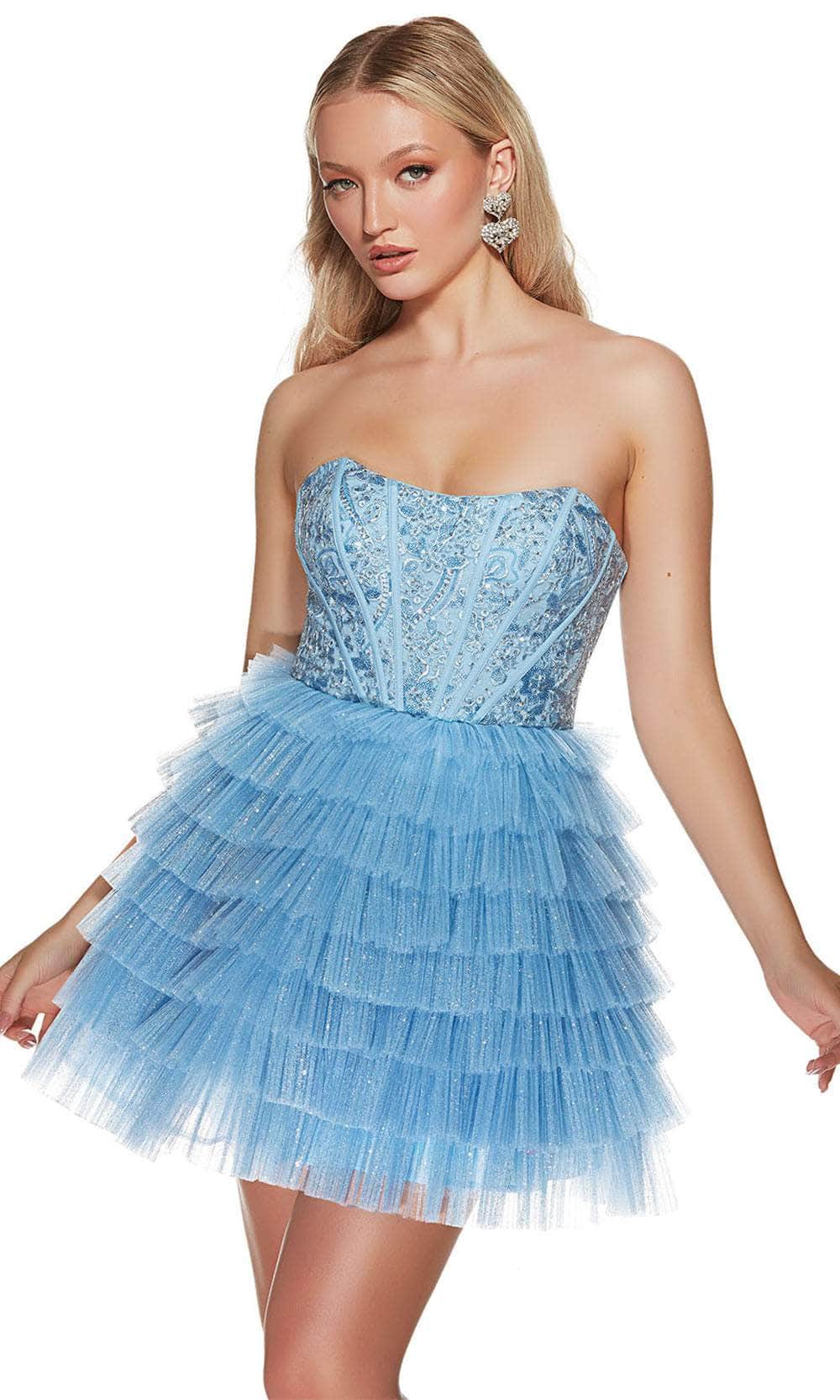 Alyce Paris 3767 - Short Sequins/Glitter Tulle A-Line Dress - Floral Lace, Beaded, Corset Boning Bodice, Ruffle Tiered Skirt, Open Back, Lace-Up Closure Couture Candy Alyce Paris 3767 - Short Sequins/Glitter Tulle A-Line Dress - Floral Lace, Beaded, Corset Boning Bodice, Ruffle Tiered Skirt, Open Back, Lace-Up Closure Couture Candy
