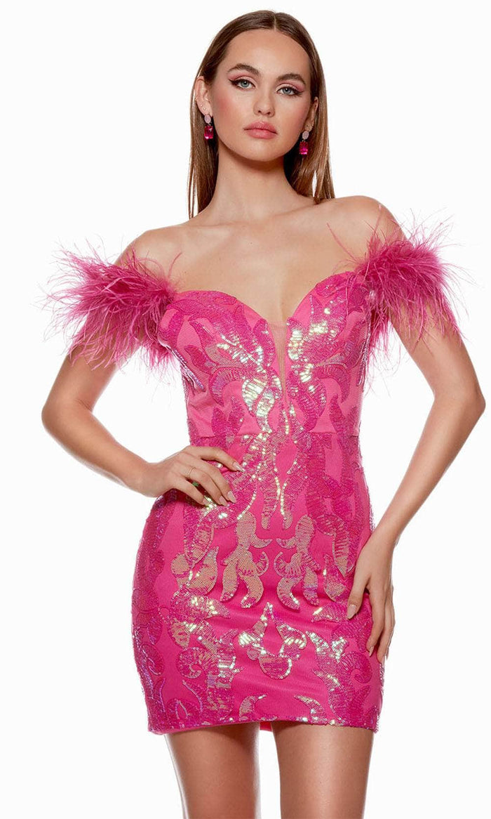Alyce Paris 4621 - Off-Shoulder Feather Detailed Cocktail Dress Prom Dresses 000 / Electric Fuchsia