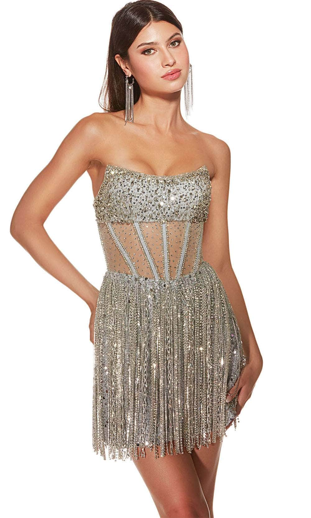 Alyce Paris 4941 - Short Rhinestone Fringe Sheath Dress - Strapless, Sequin Embellished, Hot Fix, Sheer Corset Bodice, Fringes, Concealed Zipper Alyce Paris 4941 - Short Rhinestone Fringe Sheath Dress - Strapless, Sequin Embellished, Hot Fix, Sheer Corset Bodice, Fringes, Concealed Zipper