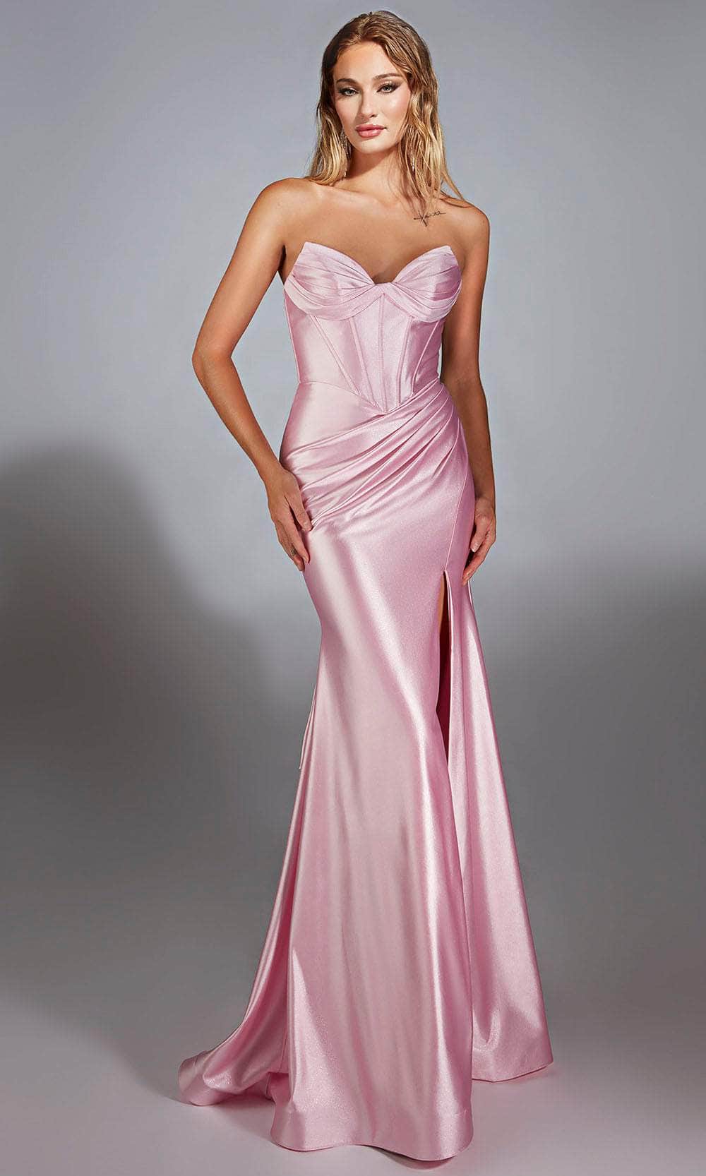 Alyce Paris 61733 - Long Metallic Stretch Satin Sheath Dress - Strapless, Lace-Up Back, Side Slit, Corset Bodice, Ruched 12 / Gold - Shop Alyce Paris Alyce Paris 61733 - Long Metallic Stretch Satin Sheath Dress - Strapless, Lace-Up Back, Side Slit, Corset Bodice, Ruched 12 / Gold - Shop Alyce Paris