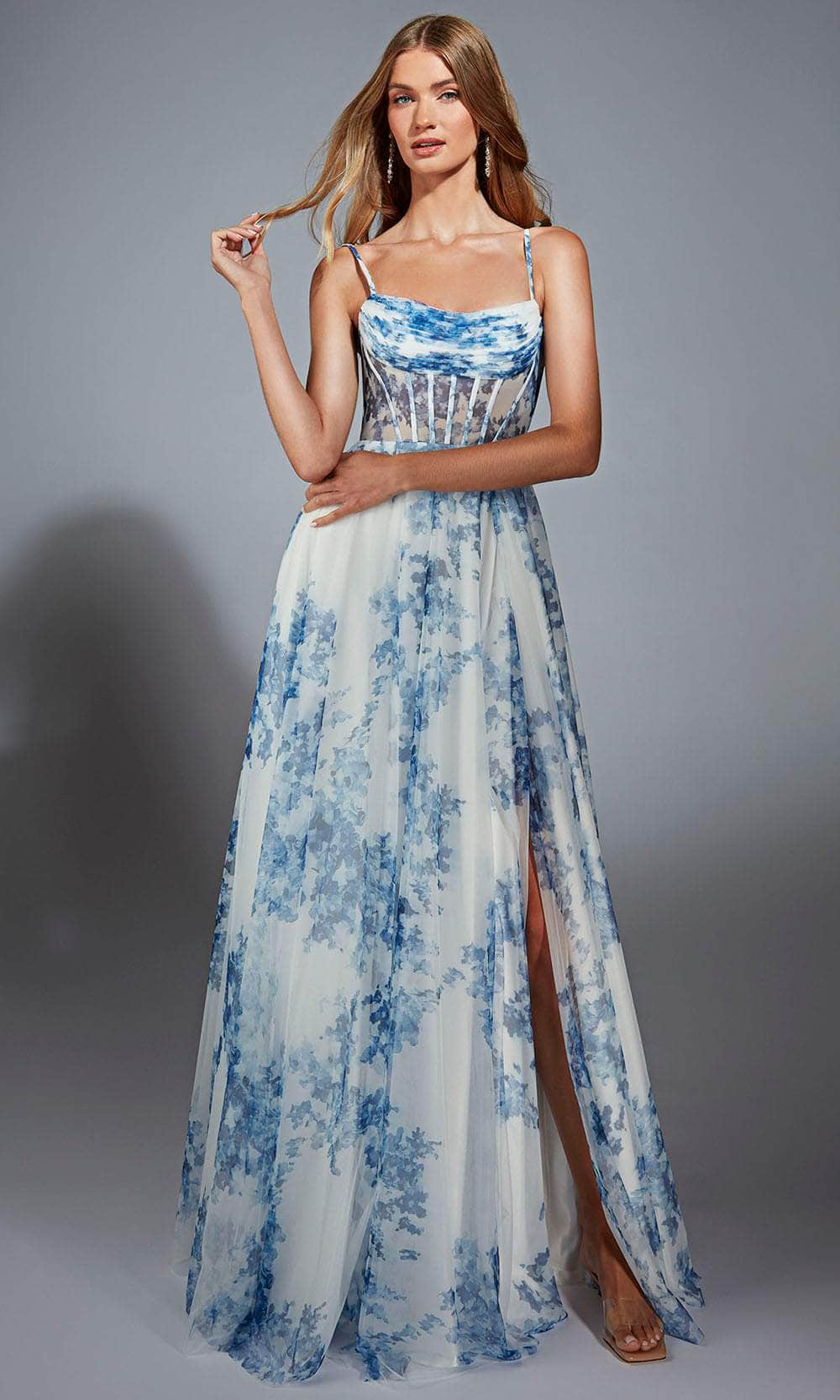 Alyce Paris 61752 - Long Mesh Print A-line Dress - Floral Print, Spaghetti Straps, Sheer Corset Bodice, High Slit 6 / Blue-White - Shop Alyce Paris Alyce Paris 61752 - Long Mesh Print A-line Dress - Floral Print, Spaghetti Straps, Sheer Corset Bodice, High Slit 6 / Blue-White - Shop Alyce Paris