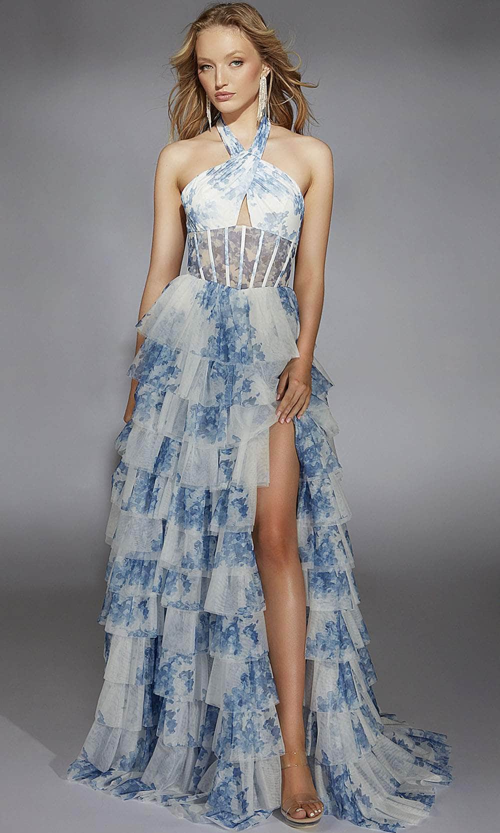 Alyce Paris 61753 - Long Mesh Print A-Line Dress - Floral Print, Sheer Corset Bodice, High Slit, Layered Ruffle Skirt, Open Back Couture Candy Alyce Paris 61753 - Long Mesh Print A-Line Dress - Floral Print, Sheer Corset Bodice, High Slit, Layered Ruffle Skirt, Open Back Couture Candy