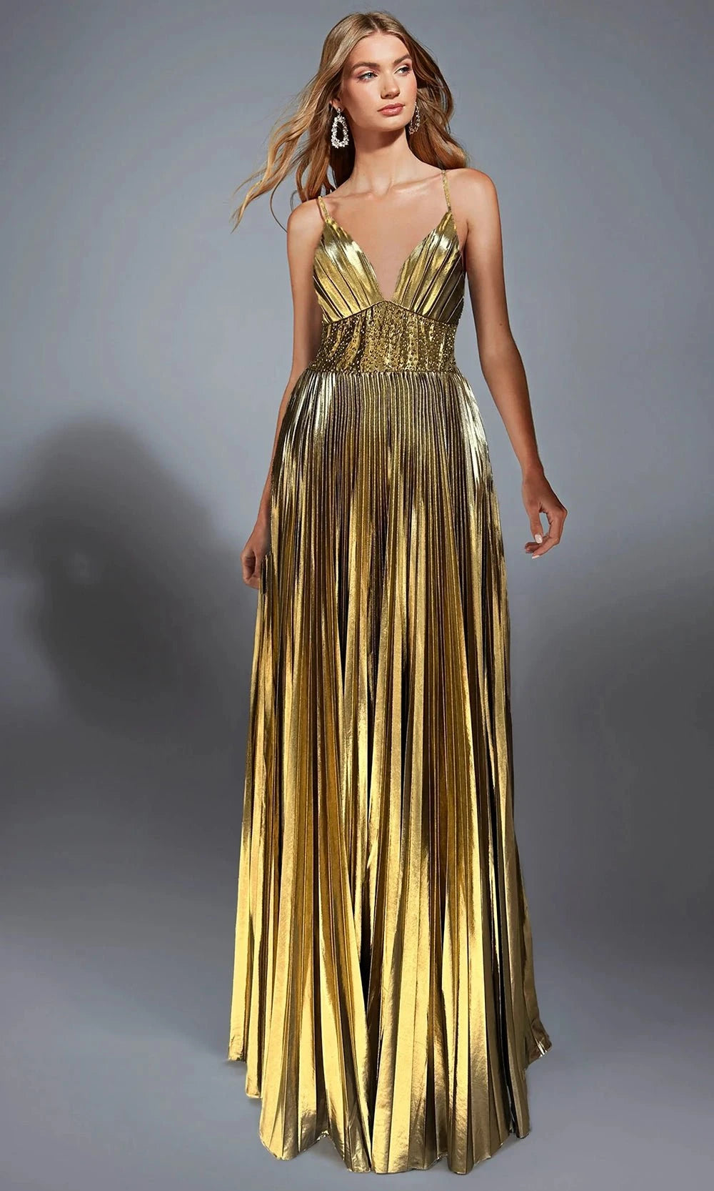 foil prom dress Long Metallic Foil Dress with Side Cutouts by Poly USA 8270