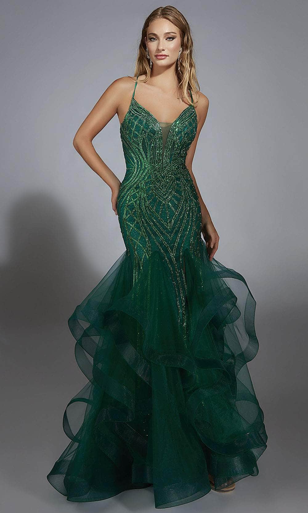 Alyce Paris 61818 - Long Beaded Tulle Mermaid Dress - Beaded Details, Ruffled Skirt, Spaghetti Straps, Lace-Up Back Couture Candy Alyce Paris 61818 - Long Beaded Tulle Mermaid Dress - Beaded Details, Ruffled Skirt, Spaghetti Straps, Lace-Up Back Couture Candy