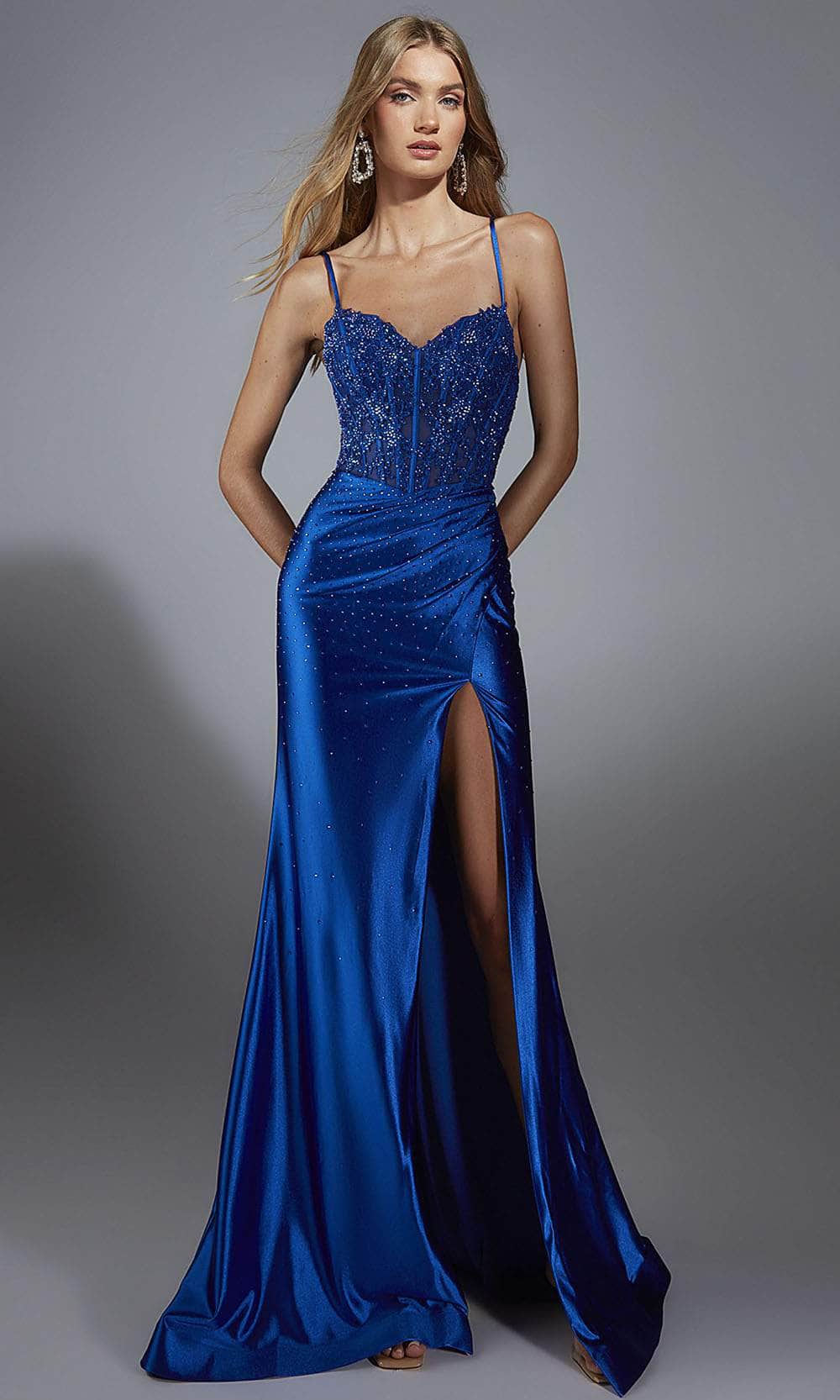 Alyce Paris 61827 - Long Stretch Satin Sheath Dress - Corset Bodice, Beaded, Embroidery, Spaghetti Straps, High Slit, Lace-Up Back Couture Candy Alyce Paris 61827 - Long Stretch Satin Sheath Dress - Corset Bodice, Beaded, Embroidery, Spaghetti Straps, High Slit, Lace-Up Back Couture Candy