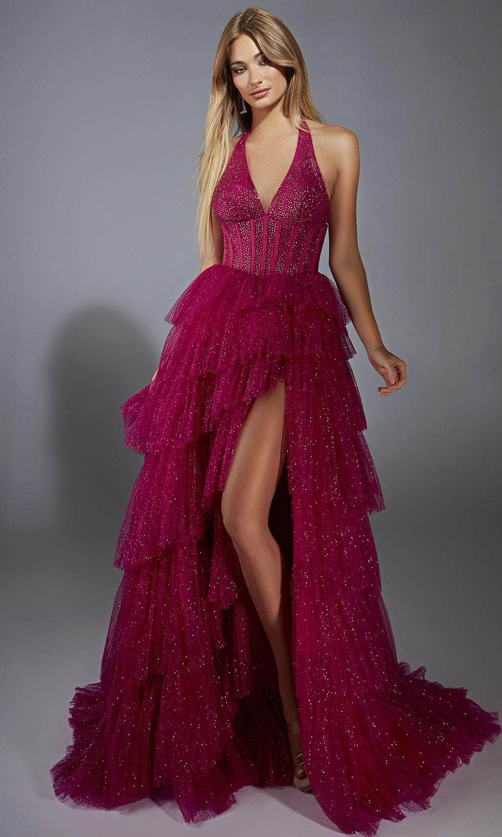 slim fit dress slacks Sheer-Side Open-Back Glitter Prom Dress