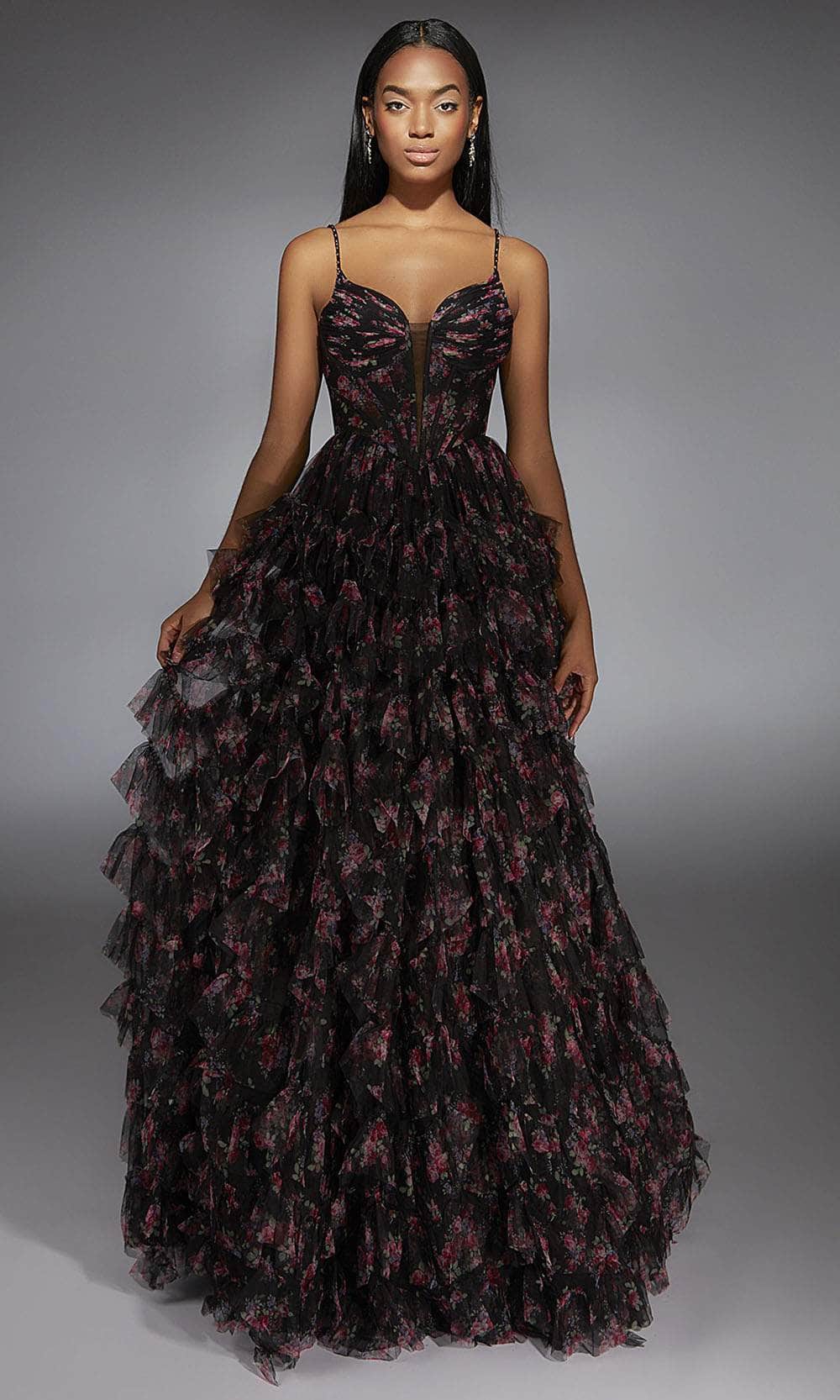 Alyce Paris 61866 - Long Mesh Print Ballgown Dress - Floral Print, Structured Bodice, Tiered Ruffle Skirt, Lace-Up Back, Beaded Straps 0 / Light Alyce Paris 61866 - Long Mesh Print Ballgown Dress - Floral Print, Structured Bodice, Tiered Ruffle Skirt, Lace-Up Back, Beaded Straps 0 / Light