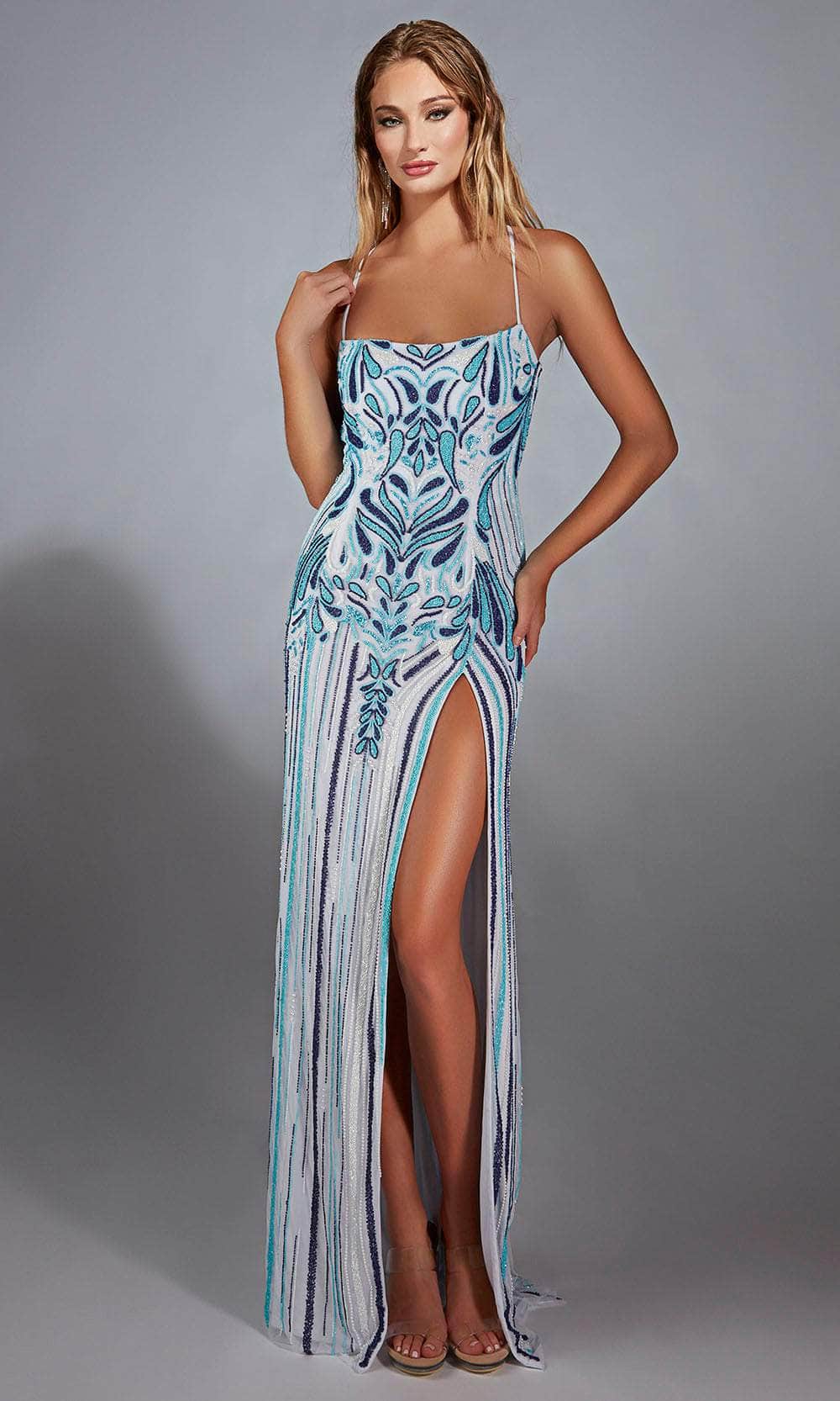 Alyce Paris 61868 - Long Hand Beaded Sheath Dress - Fully Beaded Design, Spaghetti Straps, Fitted, Thigh-High Slit, Crisscross Open Back Couture Candy Alyce Paris 61868 - Long Hand Beaded Sheath Dress - Fully Beaded Design, Spaghetti Straps, Fitted, Thigh-High Slit, Crisscross Open Back Couture Candy