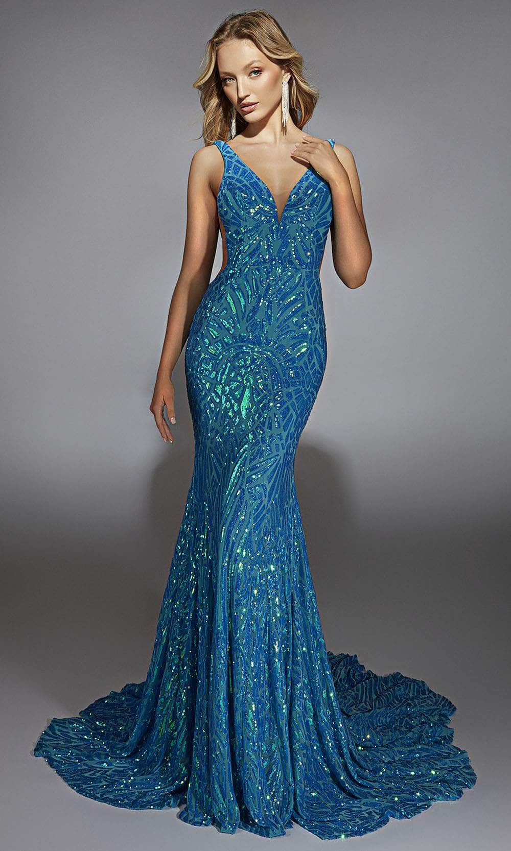 Alyce Paris 61876 - Long Sequins Sheath Dress - Geometric Sequin, Sheer Sides, V-Shaped Back, Sweep Train Couture Candy Alyce Paris 61876 - Long Sequins Sheath Dress - Geometric Sequin, Sheer Sides, V-Shaped Back, Sweep Train Couture Candy