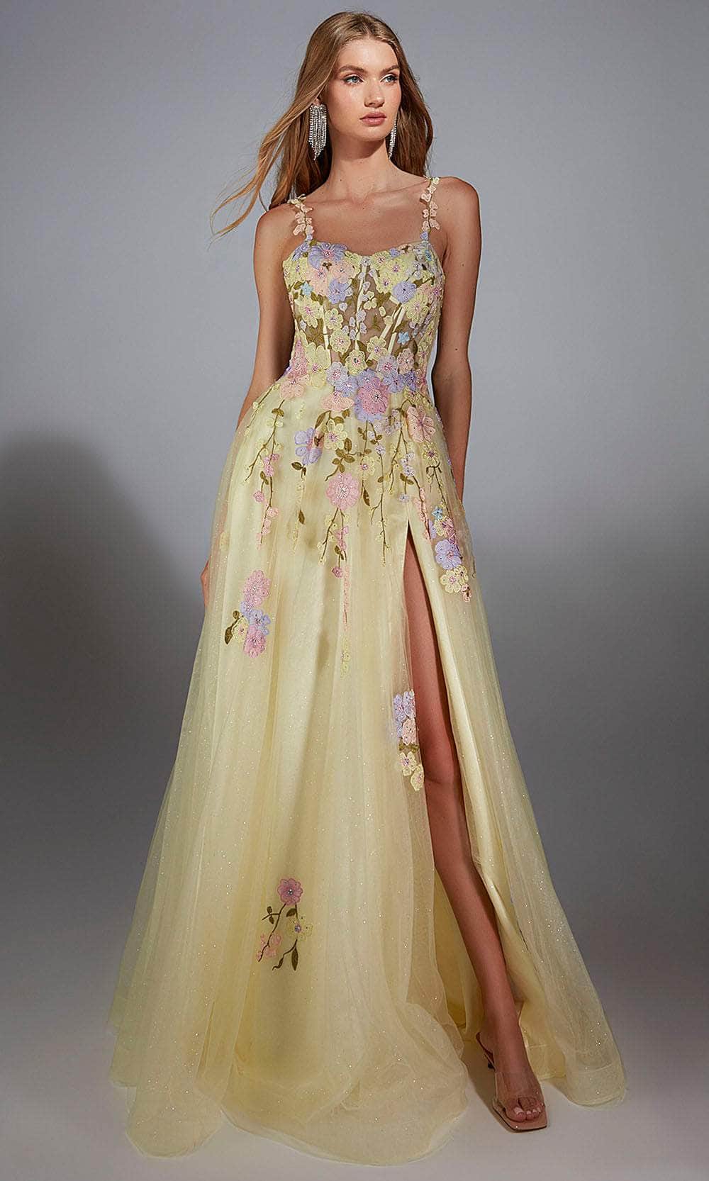 Alyce Paris 61909 - Long Tulle/Lace/Pockets A-Line Dress - Floral Embroidery, Beaded, Illusion Corset Bodice, Front Slit Couture Candy Alyce Paris 61909 - Long Tulle/Lace/Pockets A-Line Dress - Floral Embroidery, Beaded, Illusion Corset Bodice, Front Slit Couture Candy