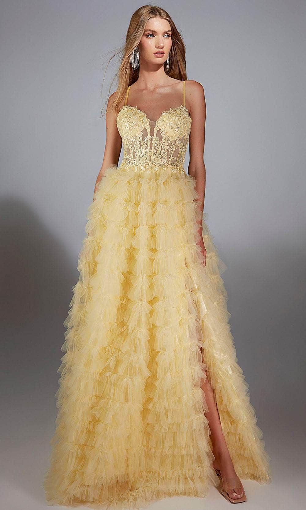 Alyce Paris 61911 - Long Tulle/Lace Ballgown Dress - Lace Applique Bodice, Tiered Ruffle Skirt, High Slit, Spaghetti Straps Couture Candy Alyce Paris 61911 - Long Tulle/Lace Ballgown Dress - Lace Applique Bodice, Tiered Ruffle Skirt, High Slit, Spaghetti Straps Couture Candy