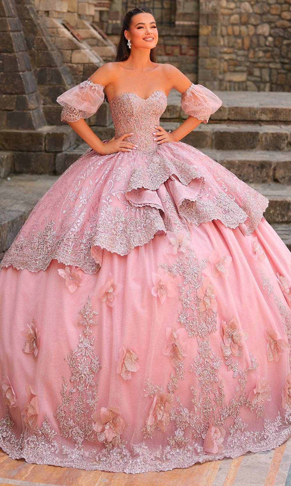 Amarra 54236 - Long Ballgown Dress - Corset Bodice, Lace Appliques, Detachable Off-Shoulder Puff Sleeves, Layered Skirt, Beaded, 3D Floral Applique, Amarra 54236 - Long Ballgown Dress - Corset Bodice, Lace Appliques, Detachable Off-Shoulder Puff Sleeves, Layered Skirt, Beaded, 3D Floral Applique,