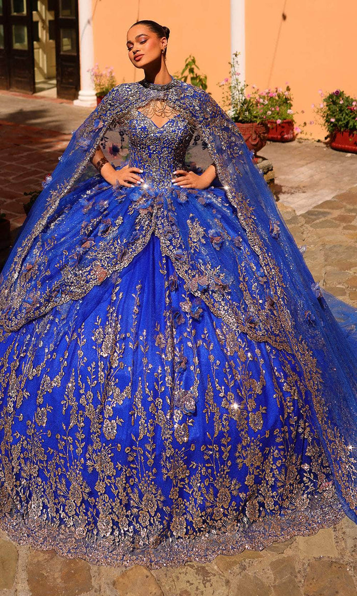 Amarra 54284 - Fringed Sleeved Ballgown with Cape Special Occasion Dress 00 / Royal Blue/Gold