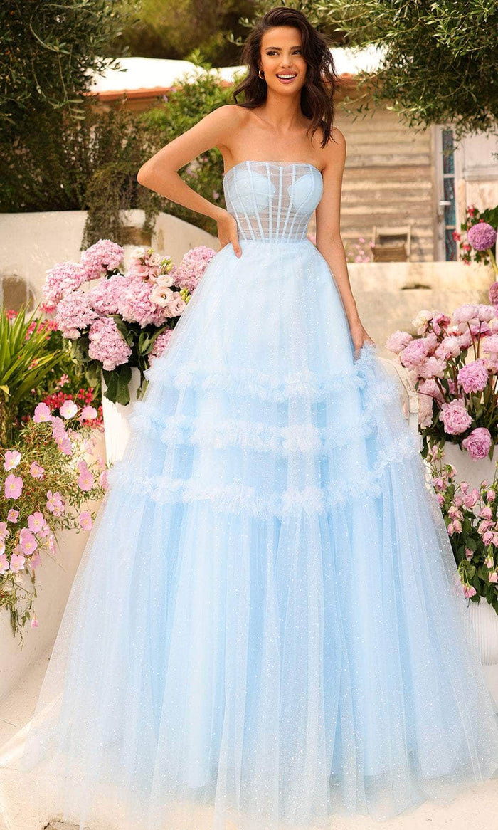 Amarra 88794 - Sheer Corset Prom Dress with Slit Special Occasion Dress 000 / Light Blue