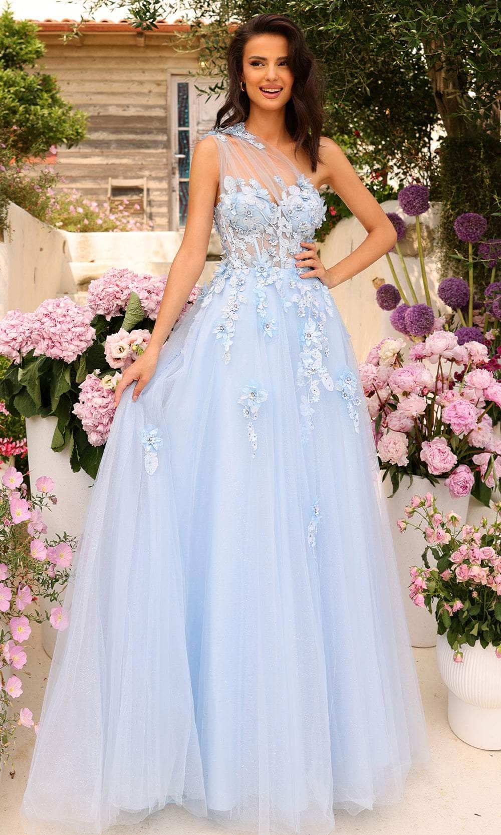 Amarra 88841 - 3D Floral Embellished One-Sleeve Prom Dress Couture Candy Amarra 88841 - 3D Floral Embellished One-Sleeve Prom Dress Couture Candy