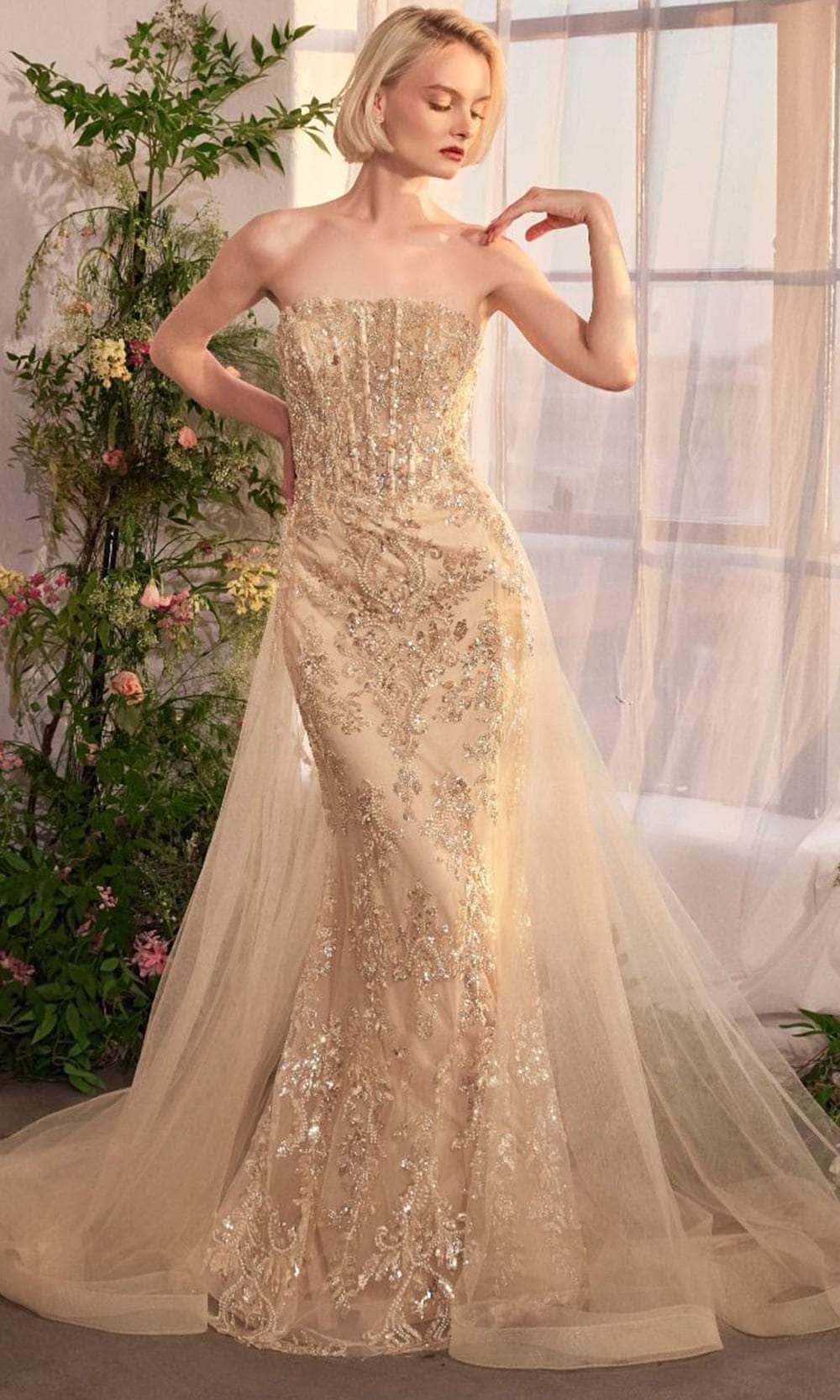 Andrea & Leo A1365 Long Formal Glitter Overskirt Prom Dress - Champagne / 18 Andrea & Leo A1365 Long Formal Glitter Overskirt Prom Dress - Champagne / 18