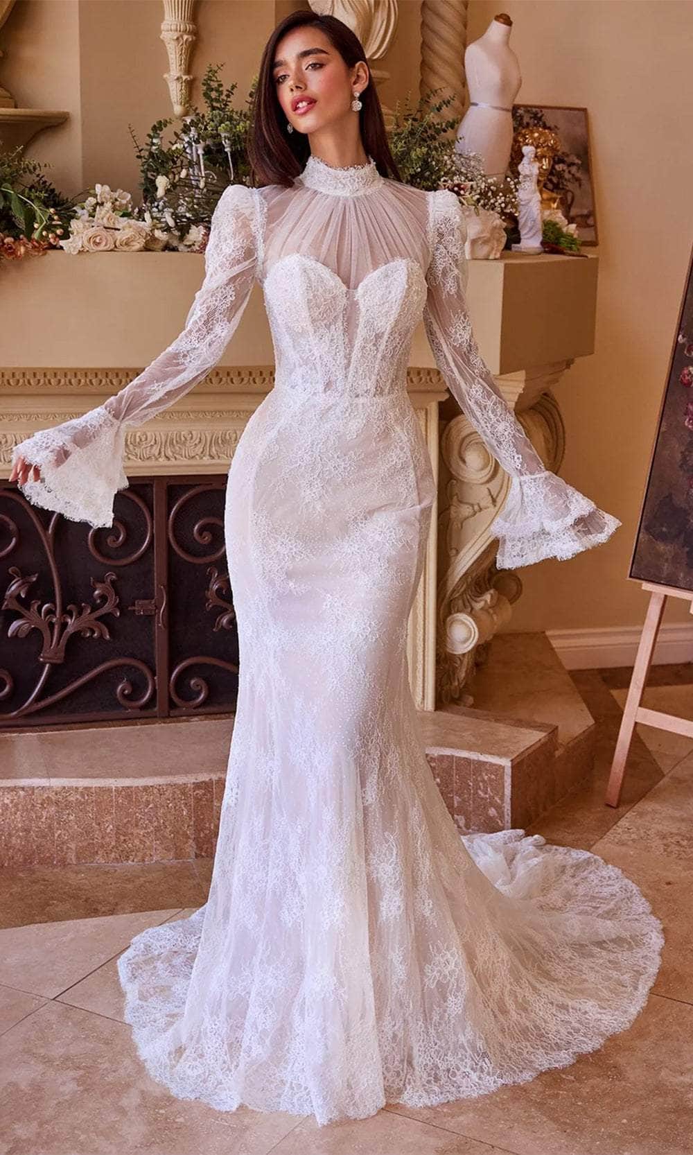 mermaid wedding dress with bell sleeves LACE MERMAID WEDDING DRESS WITH BELL SLEEVES DEEP V NECK SIZE 4, 6, 8