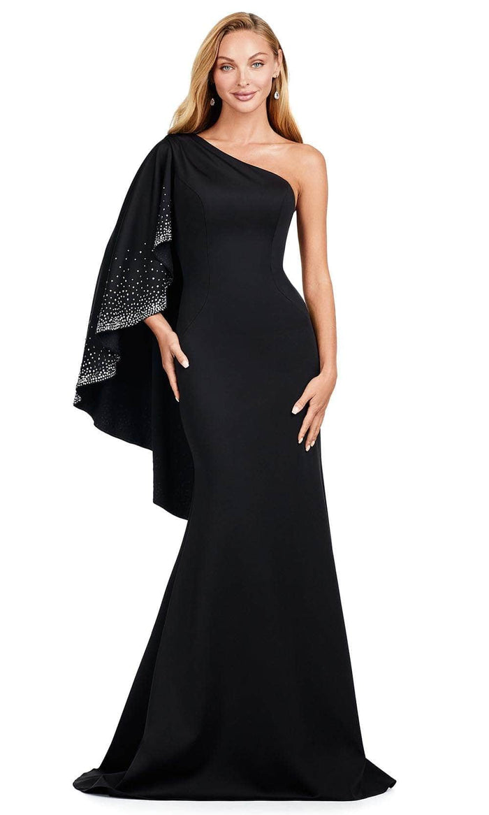 Ashley Lauren 11421 - Beaded Ruffled Sleeve Evening Gown Prom Dresses 0 / Black