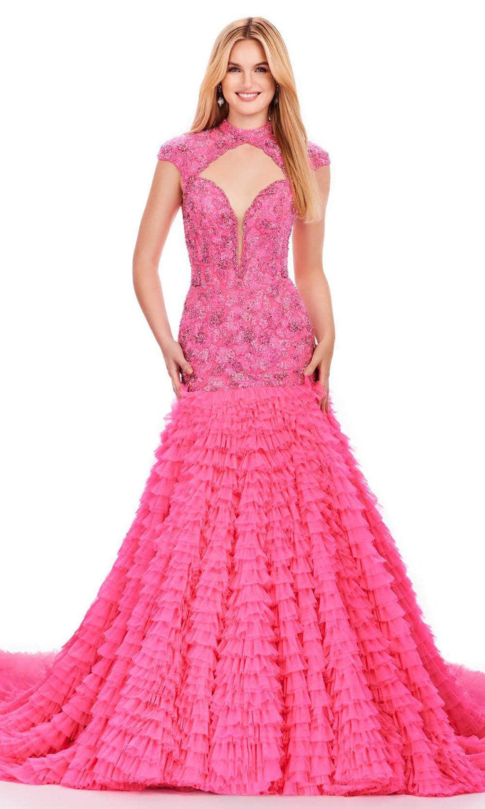 Ashley Lauren 11428 - Beaded Crew Neck Evening Gown Special Occasion Dress 0 / Hot Pink