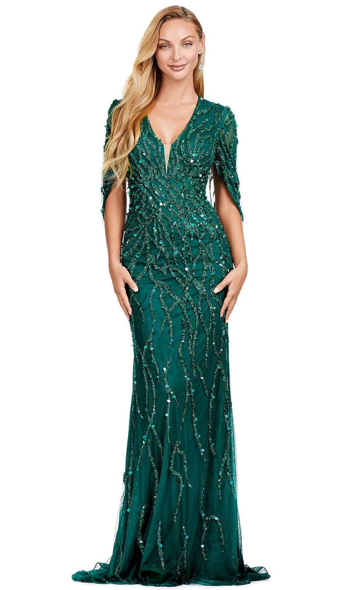Ashley Lauren 11430 - Cape Sleeve Beaded Evening Gown Prom Dresses 0 / Dark Emerald