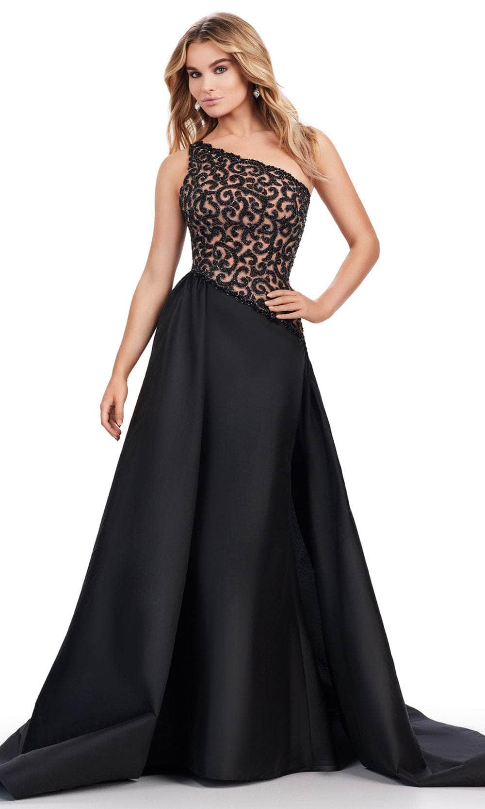 ashley lauren one shoulder dress ASHLEYlauren 12015 One-Shoulder Satin Gown with Floral Detail
