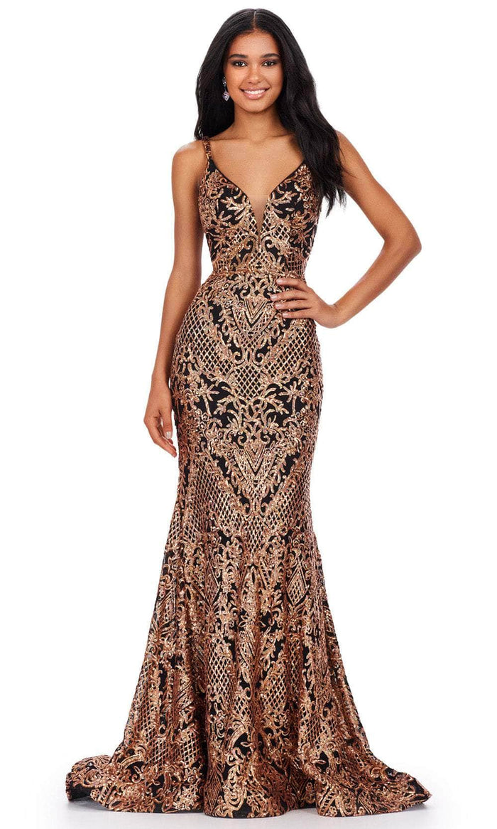 Ashley Lauren 11466 - Spaghetti Strap Sequin Prom Dress Prom Dresses 00 / Bronze/Black