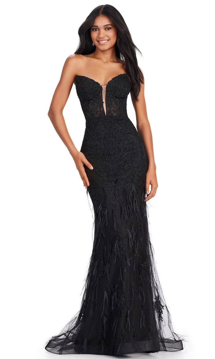 Ashley Lauren 11483 - Plunging Feather Accent Prom Gown Prom Dresses 00 / Black