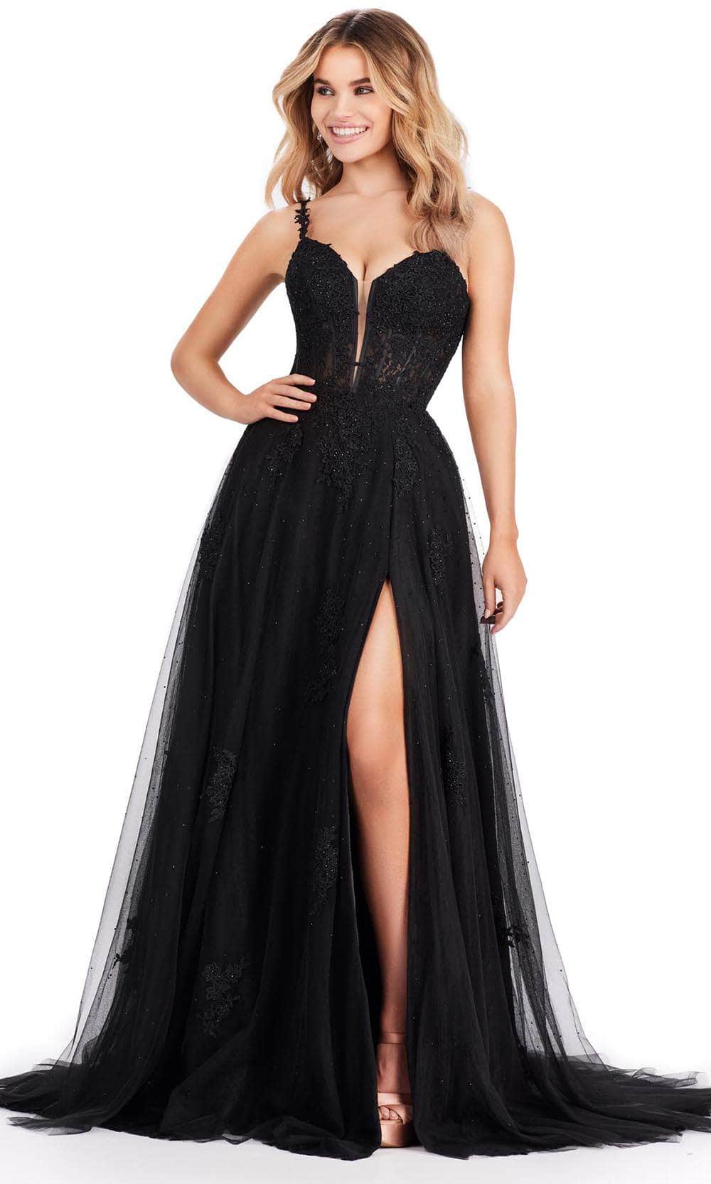 ashley lauren black prom dress ASHLEYlauren 11980 Fully Beaded Gown with Illusion Cutouts