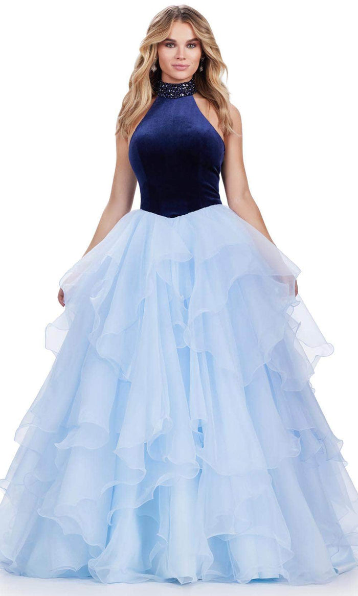 Ashley Lauren 11562 - Sleeveless Velvet High Neck Ballgown Ball Gowns 0 / Navy/Sky