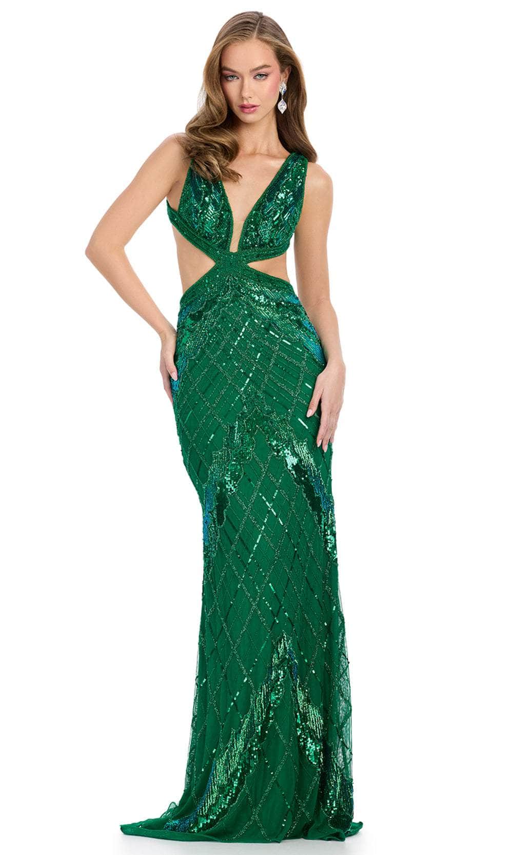 Ashley Lauren 11810 - Long Organza Sheath Dress - Wide Straps, Sleeveless, Sequin, Beaded, Side Cutouts, Open Lace-Up Back, Sweep Train 8 / Emerald - Ashley Lauren 11810 - Long Organza Sheath Dress - Wide Straps, Sleeveless, Sequin, Beaded, Side Cutouts, Open Lace-Up Back, Sweep Train 8 / Emerald -
