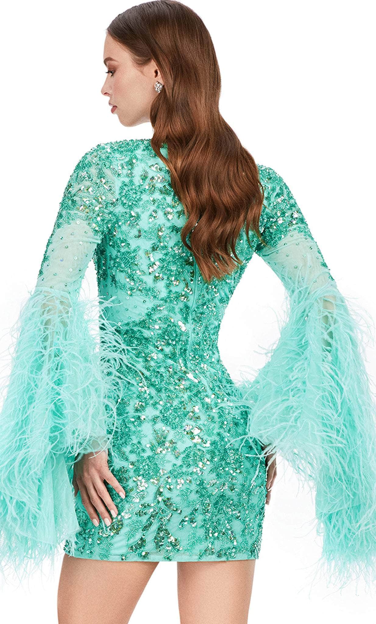 sequin bell sleeve dress Ashley Lauren 4603 - Bell Feathered Sleeve Cocktail Dress 8 / Aqua