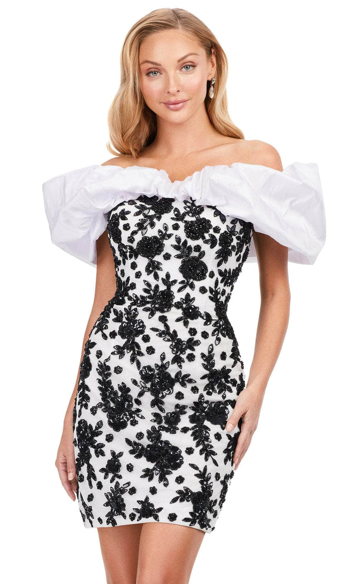 Ashley Lauren 4613 - Oversized Ruffled Neck Sheath Dress Cocktail Dresses 0 / Black/White