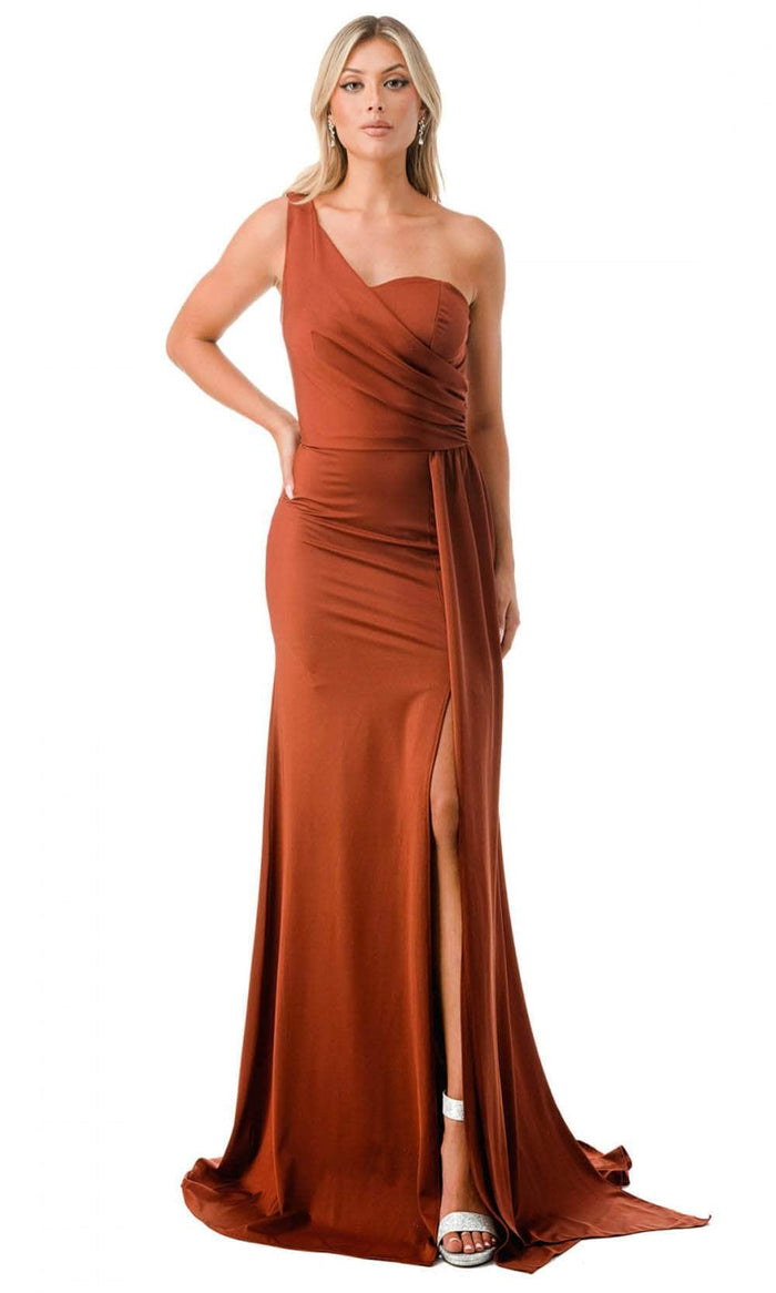 Aspeed Design D567 - Draped One Shoulder Evening Gown Evening Dresses XS / Marsala