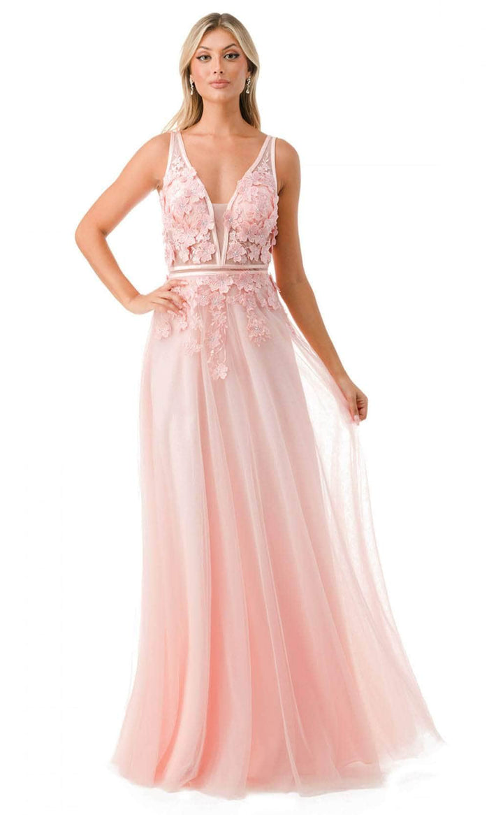 Aspeed Design P2114 - Floral Appliqued A-Line Prom Gown Special Occasion Dress XS / Blush